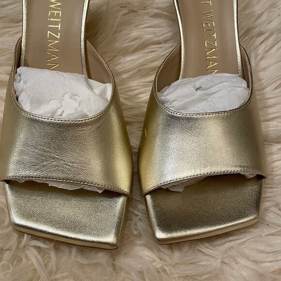 Stuart Weitzman 7.5 Gold Tia Slide Sandals | Calfskin Leather Heels Spain $395 - Picture 6 of 9
